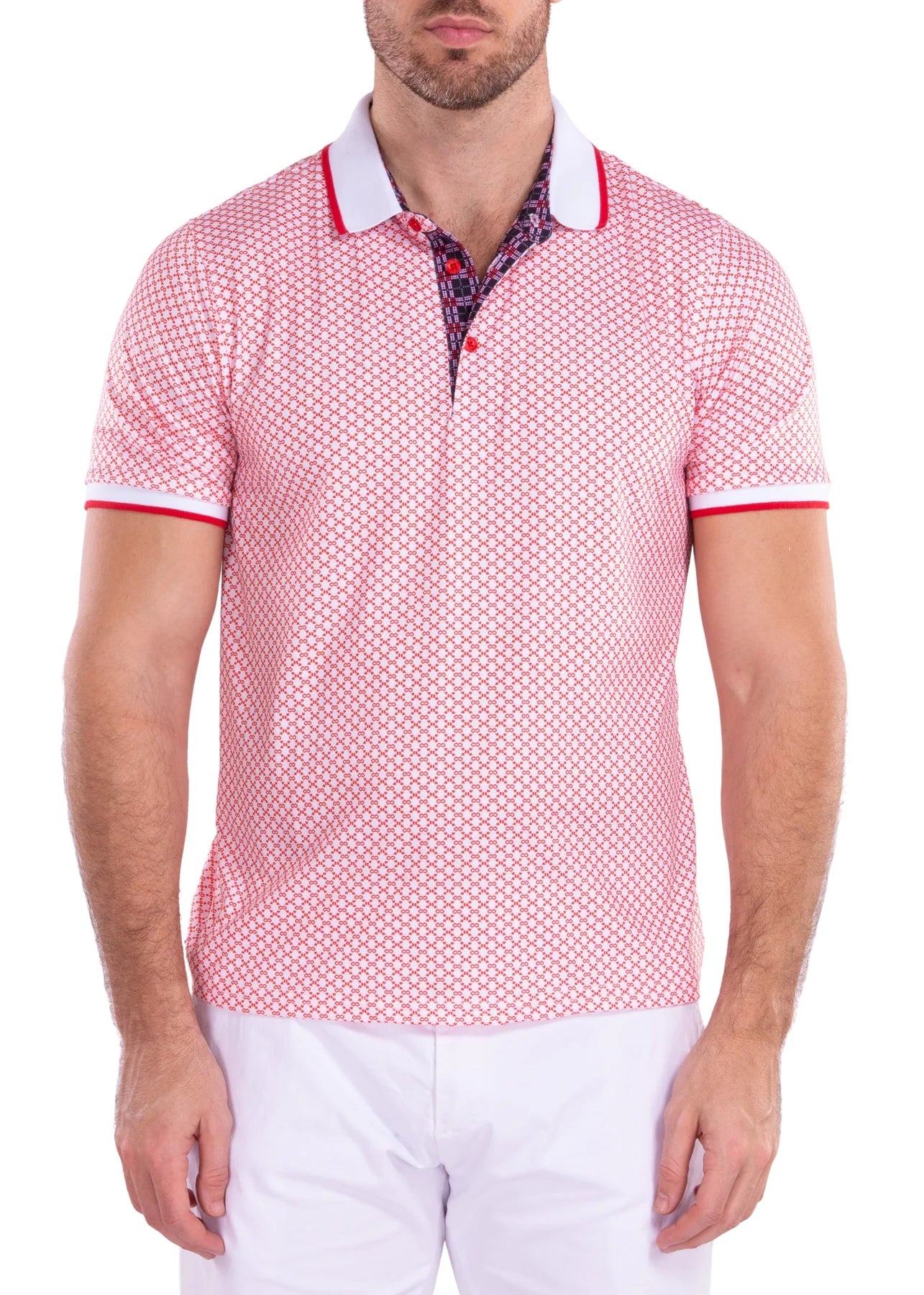 BeSpoke Collection Fancy Polo Red with Contrast Collar Printed Short Sleeve