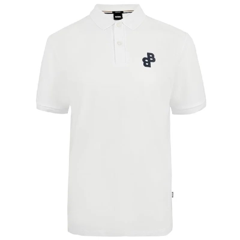 Hugo Boss Men Parlay -White Pique Cotton BB Logo Short Sleeve Polo Shirt