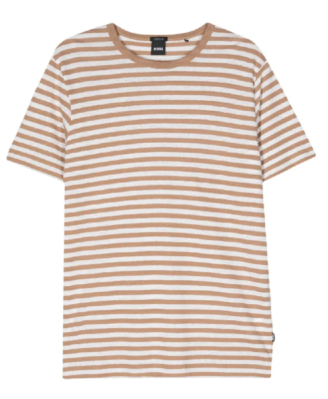 Hugo Boss Men's Tiburt 457 Striped Linen Short Sleeve Crew Neck T-Shirt, Beige/White