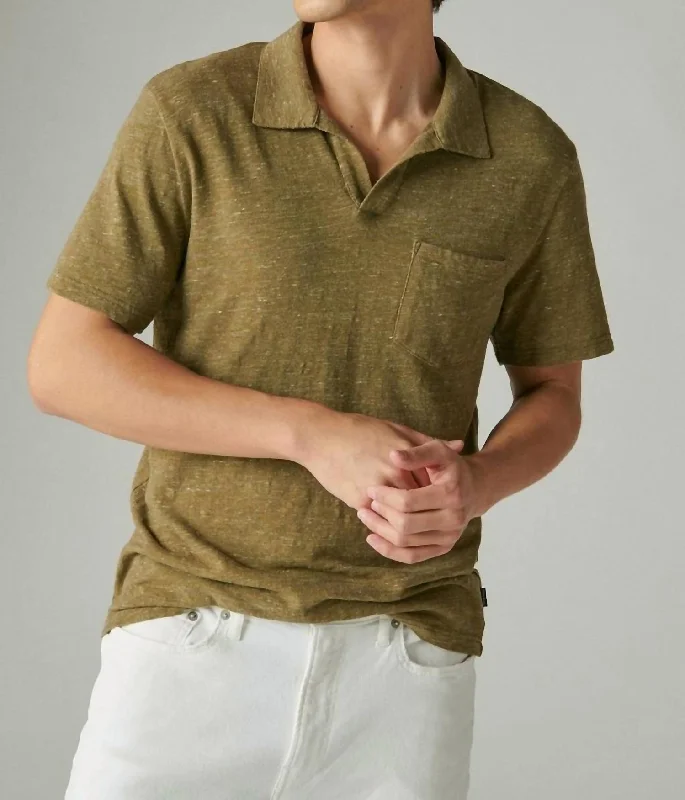 Linen Short Sleeve Johnny Collar Polo In Olive