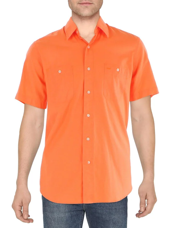 Mens Cotton Short Sleeve Button-Down Shirt