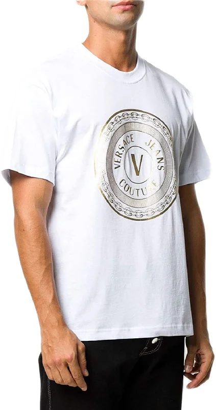 Versace Jeans Couture Men's White Gold Circle Logo Short Sleeve Crew Neck T-Shirt