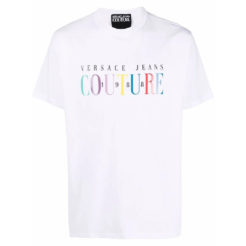 Versace Jeans Couture Men's White Multi Color Logo Short Sleeve Crew Neck T-Shirt