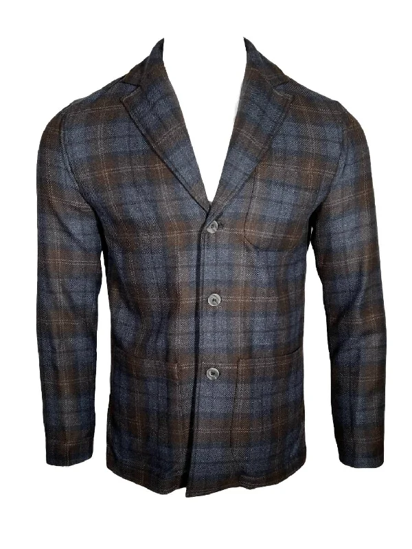 Men Zegna Soft Jacket In Navy/brown Plaid