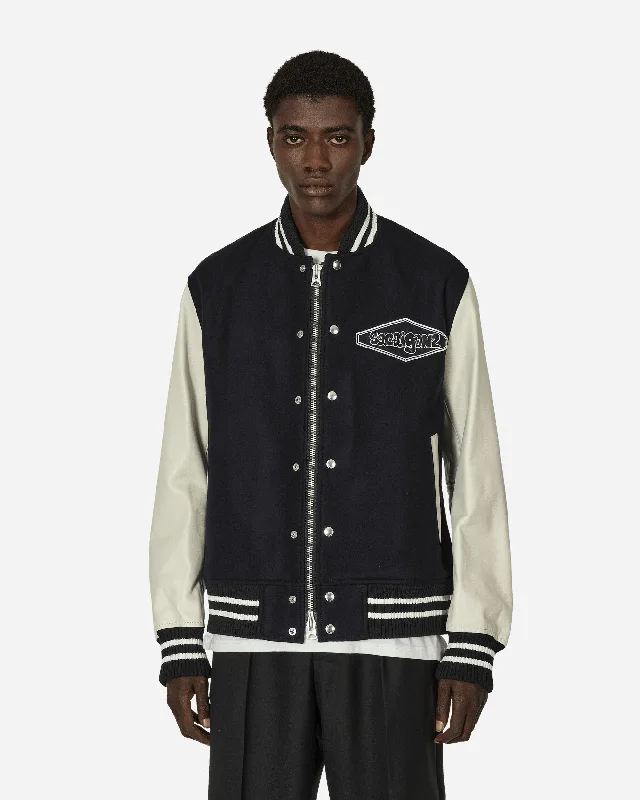 Gonz Wool Melton x Leather Jacket Navy / Off White