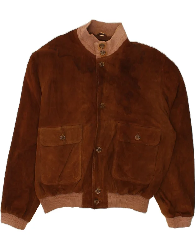 VINTAGE Mens Suede Bomber Jacket IT 52 XL Brown Colourblock Leather