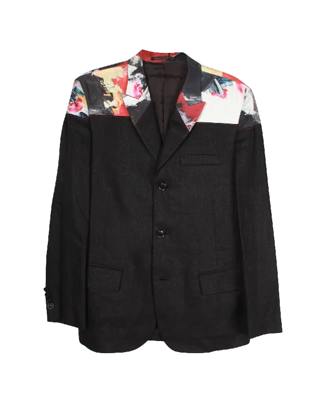 Yohji Yamamoto Paint Print Contrast Panel Blazer Jacket in Black Linen