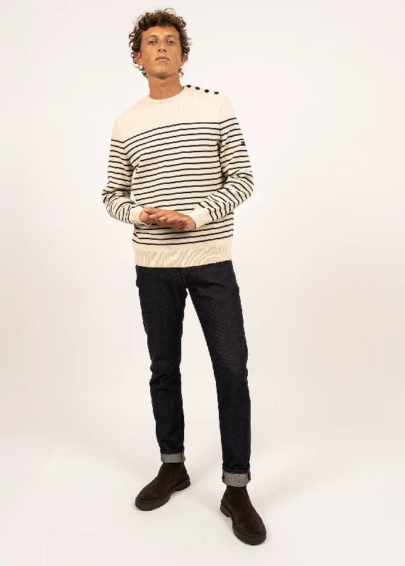 BINIC - Authentic Striped Fisherman Sweater With Shoulder Buttons in Wool | Loose Fit (ECRU / NAVY)