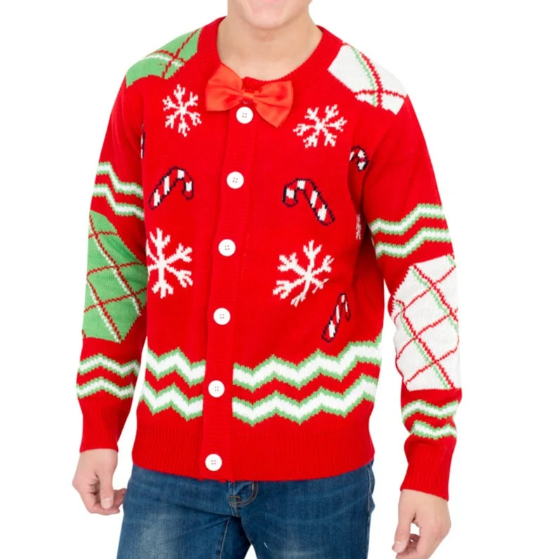 Candy Canes and Snowflakes Button Up Ugly Christmas Sweater with Bowtie