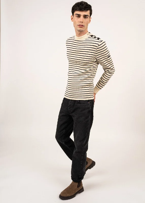 MATELOT - Authentic Striped Wool Fisherman Sweater with Button Shoulder |Slim Fit  (ECRU / NAVY)