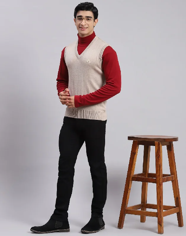 Men Beige Solid V Neck Sleeveless Sweaters/Pullovers