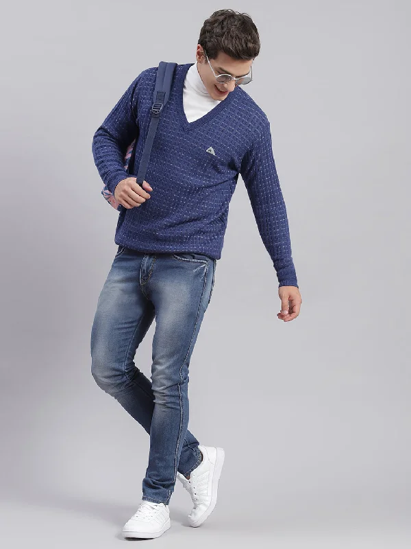 Men Blue Self Design V Neck Full Sleeve Sweaters/Pullovers