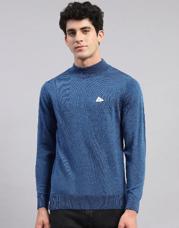 Men Blue Solid T Neck Full Sleeve Sweaters/Pullovers