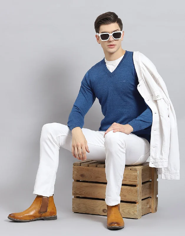 Men Blue Solid V Neck Full Sleeve Sweater