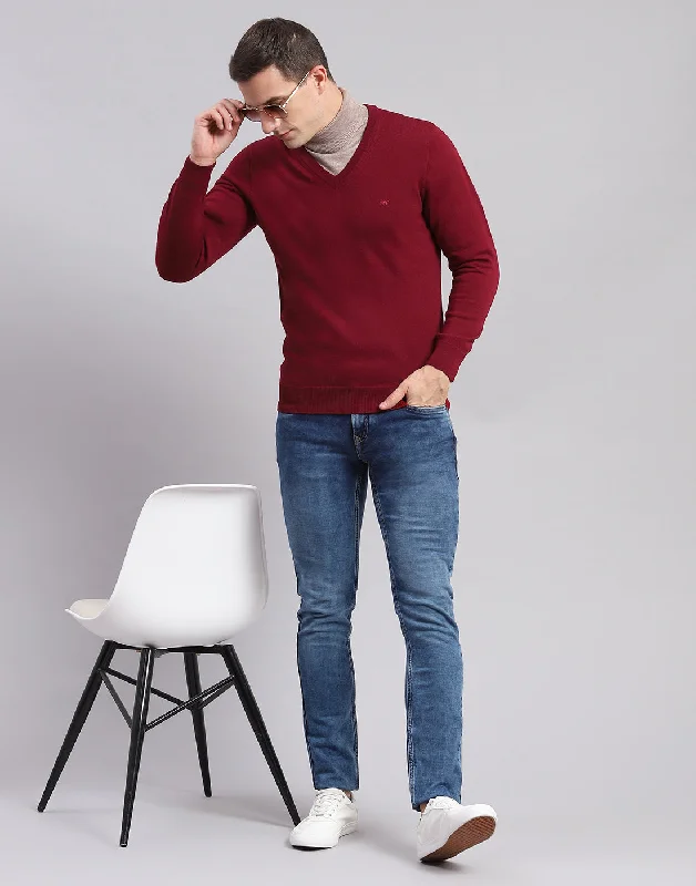 Men Maroon Solid V Neck Full Sleeve Sweaters/Pullovers