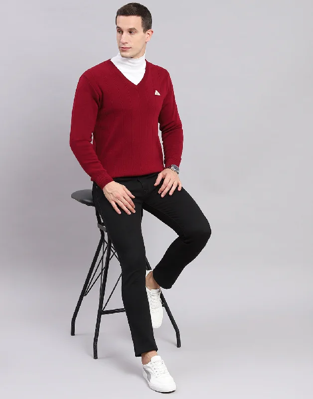 Men Maroon Solid V Neck Full Sleeve Sweaters/Pullovers