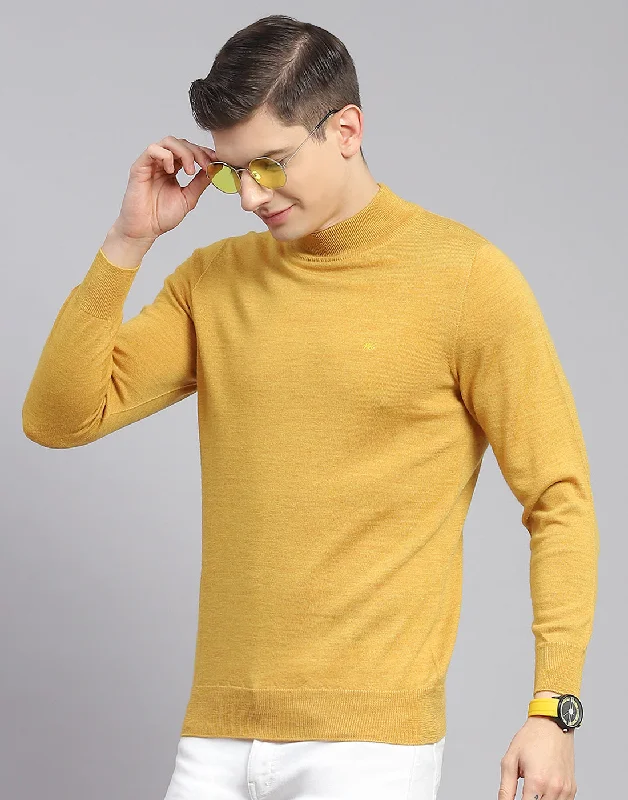 Men Mustard Solid T Neck Full Sleeve Sweater