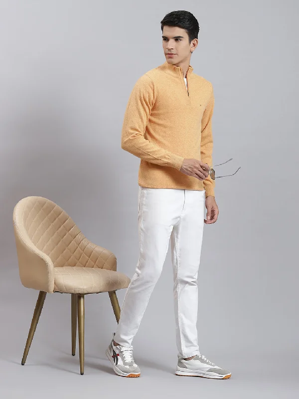 Men Orange Solid Stand Collar Full Sleeve Sweaters/Pullovers