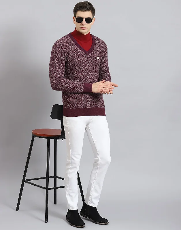 Men Purple Self Design V Neck Full Sleeve Sweater