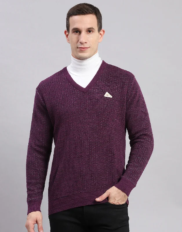 Men Purple Self Design V Neck Full Sleeve Sweaters/Pullovers