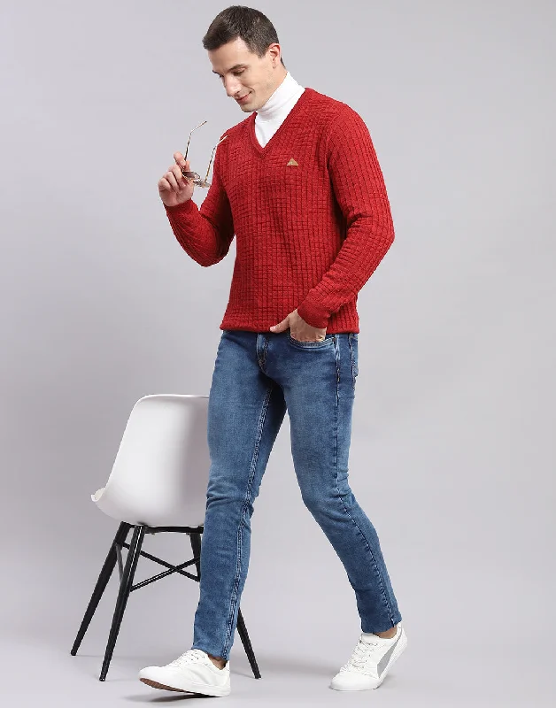 Men Red Self Design V Neck Full Sleeve Sweaters/Pullovers