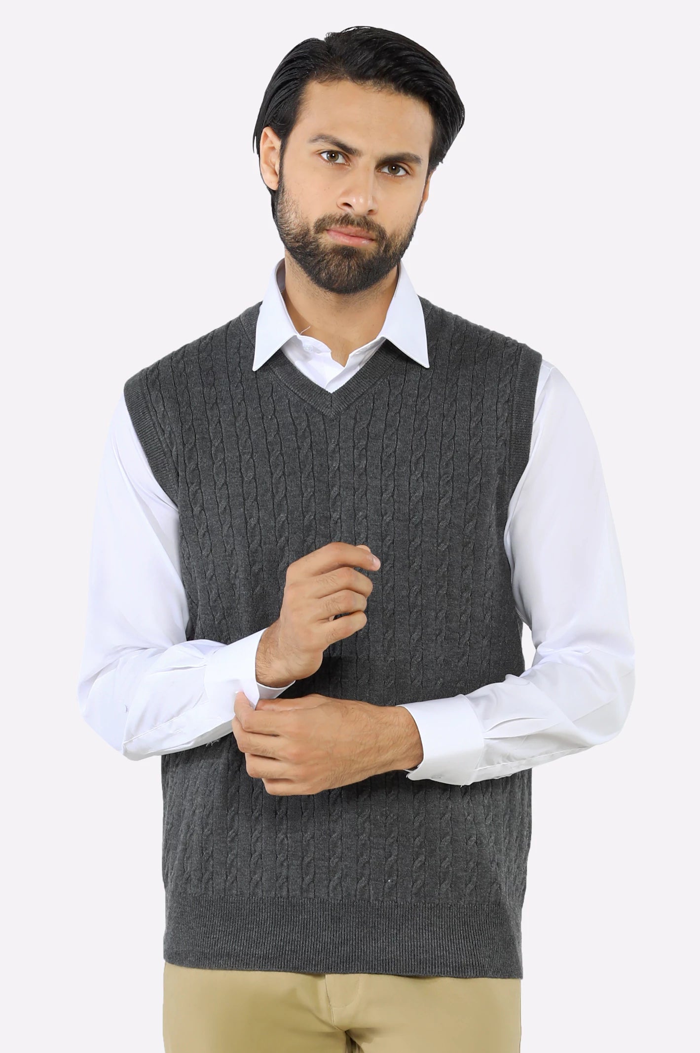 Men V-neck Charcoal Sleeveless Sweater