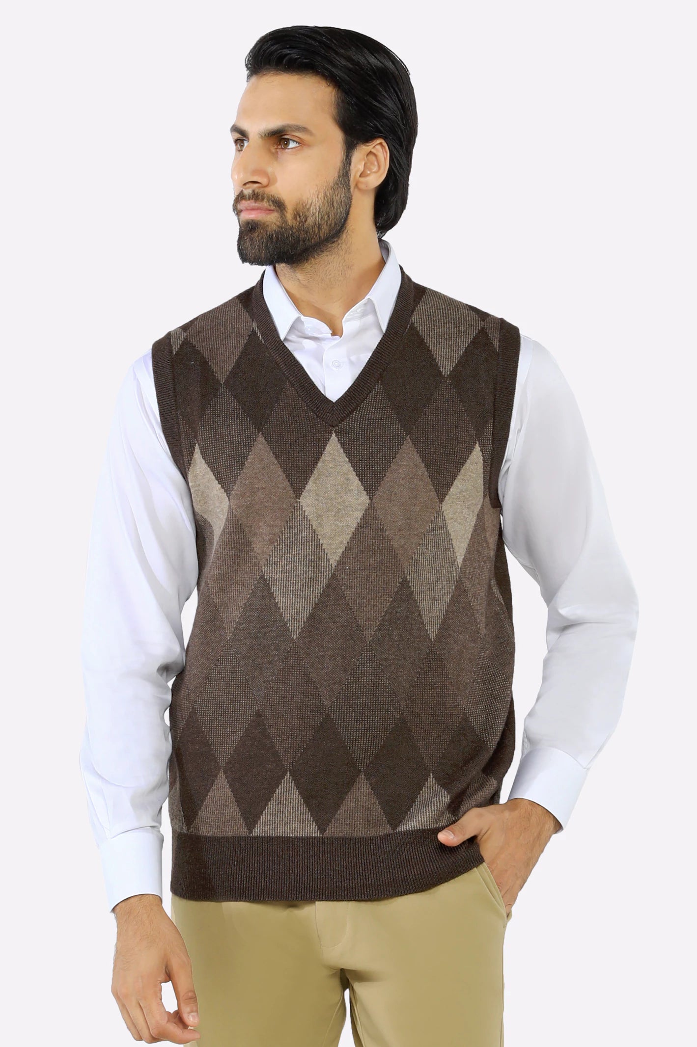 Men V-neck Brown Sleeveless Sweater