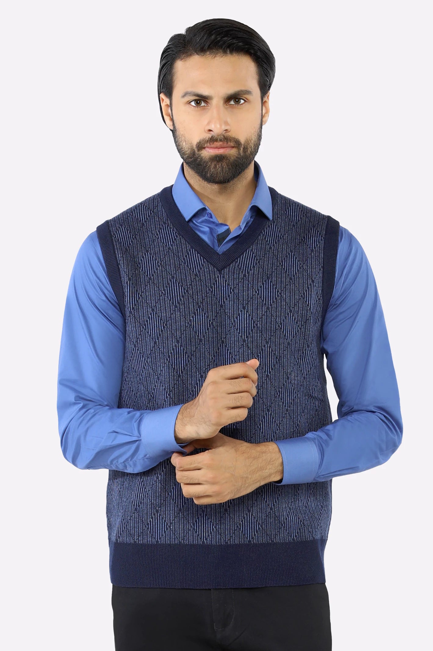 Men V-neck Dark Blue Sleeveless Sweater