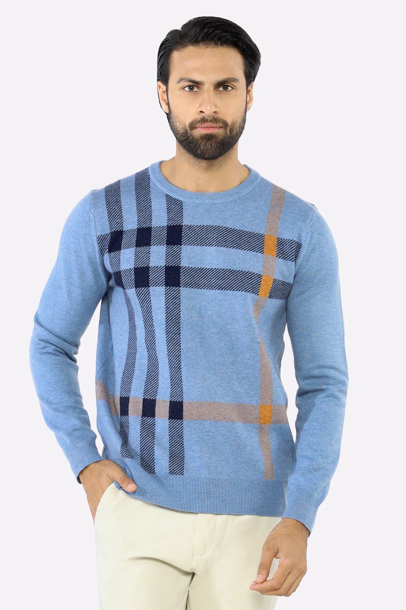 Men Sky Blue Round Neck Sweater