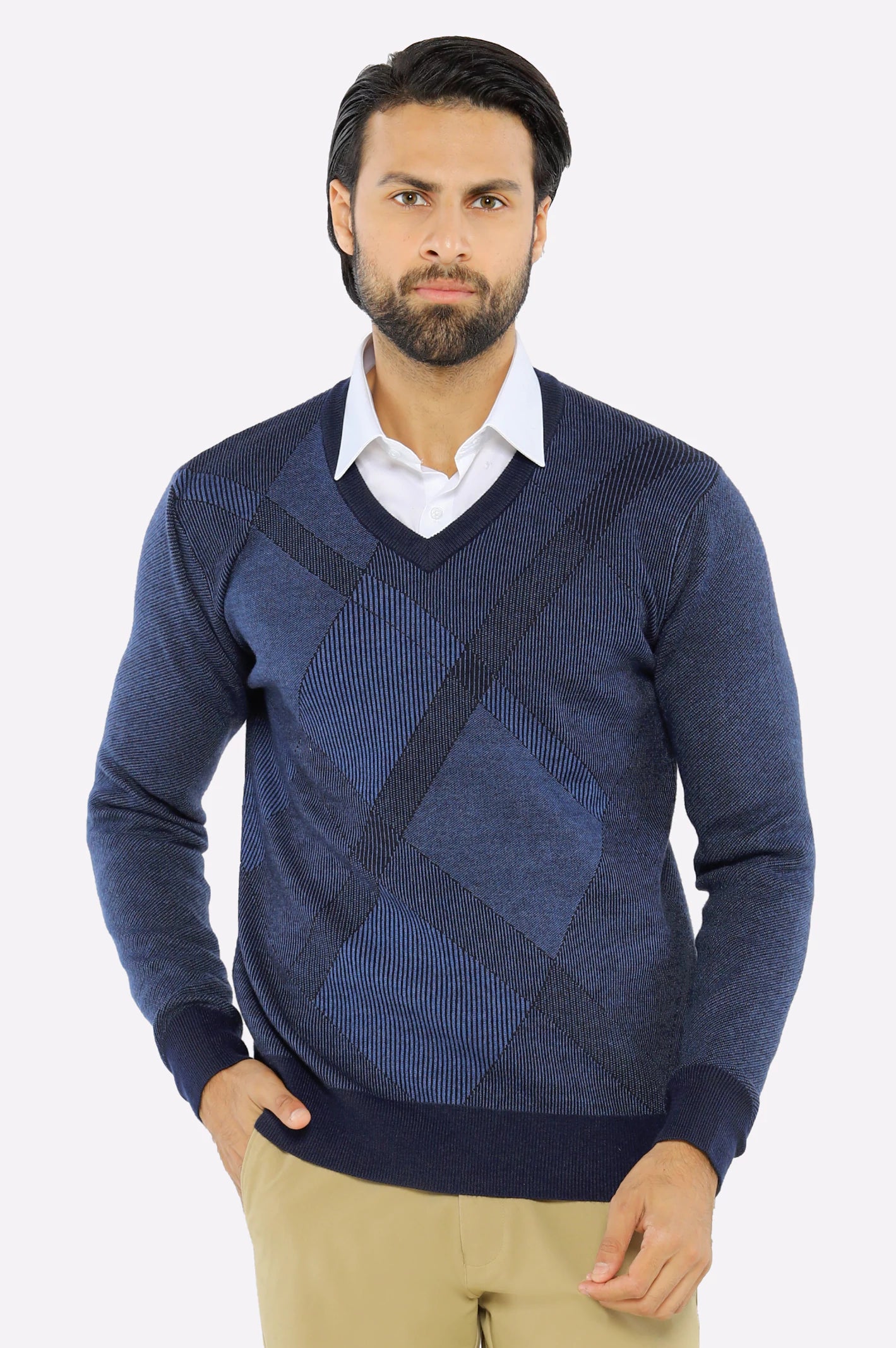 Men V-neck Multi Navy Sleeves Sweater