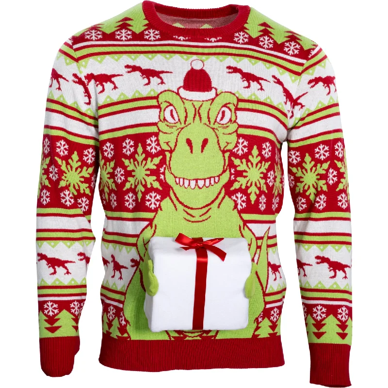 T-Rex Santa Hat 3D Flappy Present Ugly Christmas Sweater