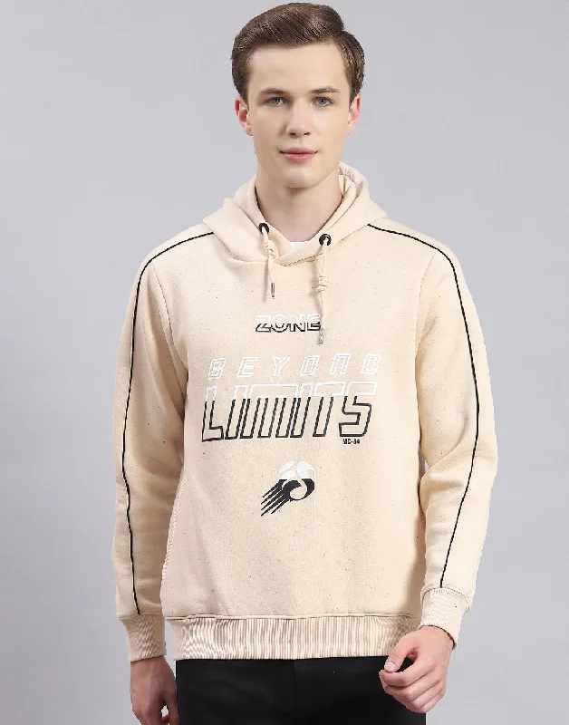 Men Beige Printed Hooded Full Sleeve Sweatshirt