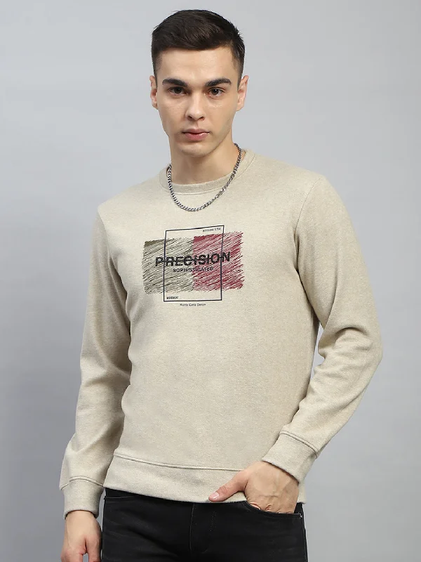 Men Beige Printed Round Neck Full Sleeve Sweatshirt