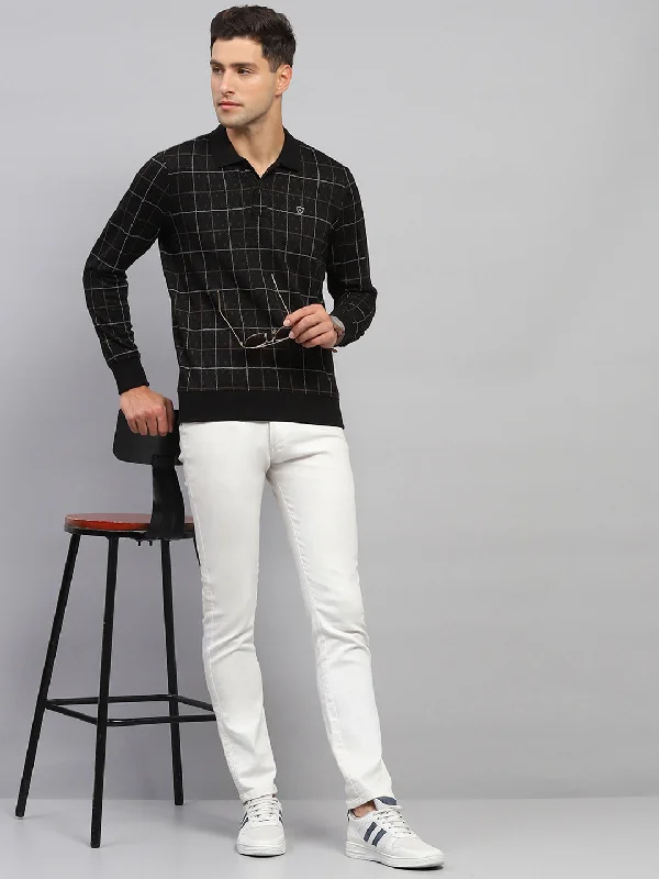 Men Black Check Polo Collar Full Sleeve Sweatshirt