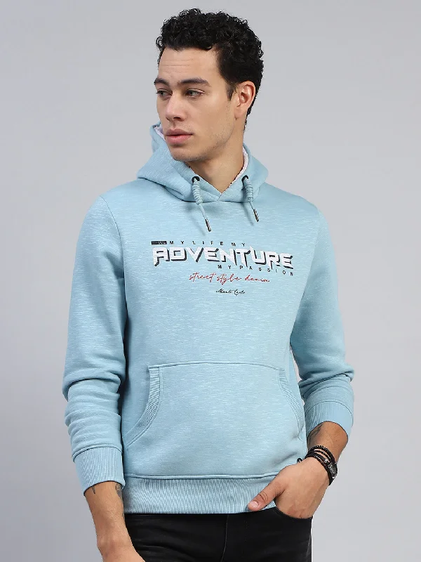 Men Blue Printed Hooded Full Sleeve Sweatshirt