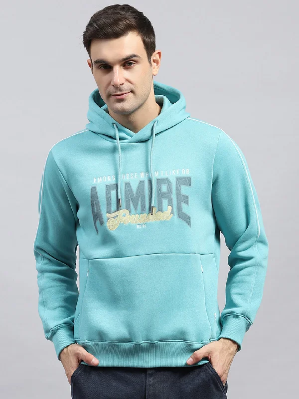 Men Blue Printed Hooded Full Sleeve Sweatshirt