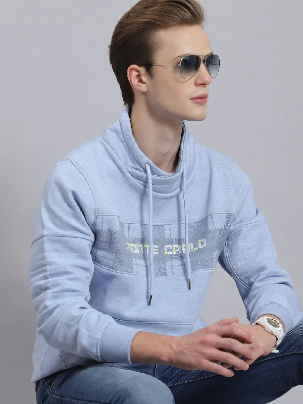 Men Blue Printed Mock Collar Full Sleeve Sweatshirt