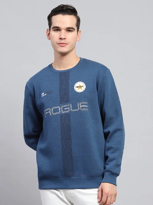 Men Blue Printed Round Neck Full Sleeve Sweatshirt