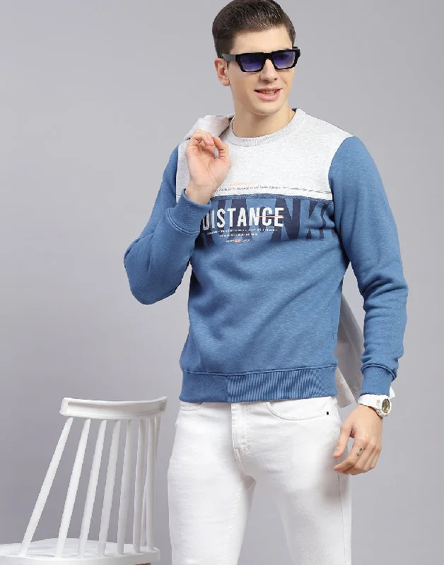 Men Blue Printed Round Neck Full Sleeve Sweatshirt