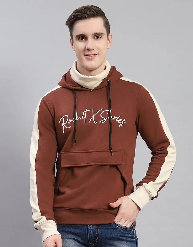 Men Brown Solid Hooded Full Sleeve Sweatshirt