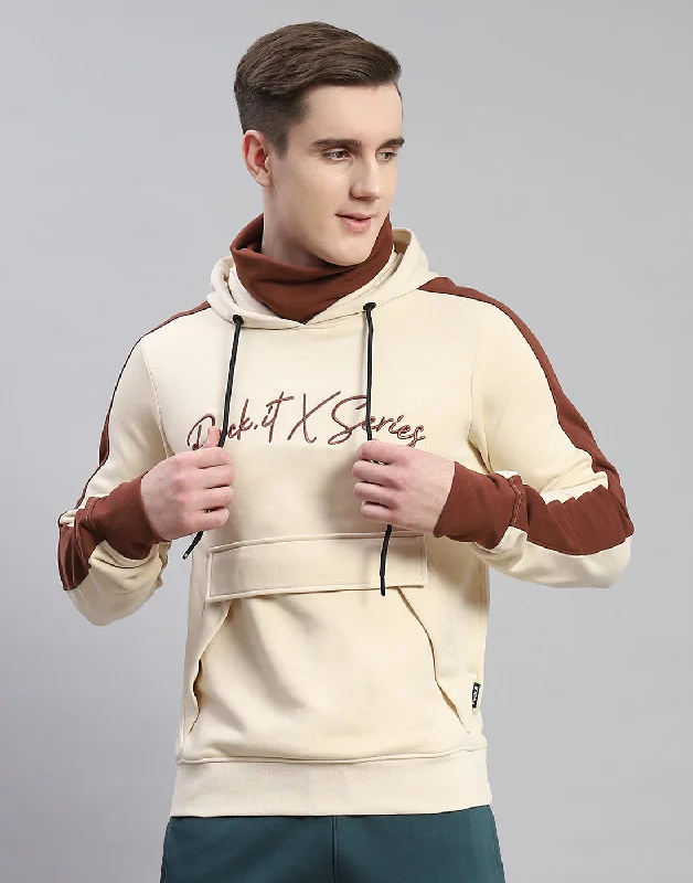 Men Cream Solid Hooded Full Sleeve Sweatshirt