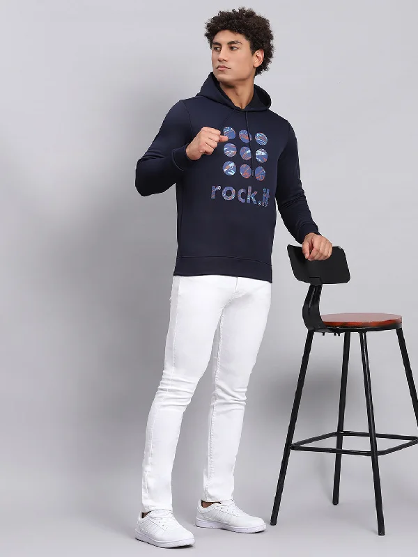 Men Navy Blue Printed Hooded Full Sleeve Sweatshirt