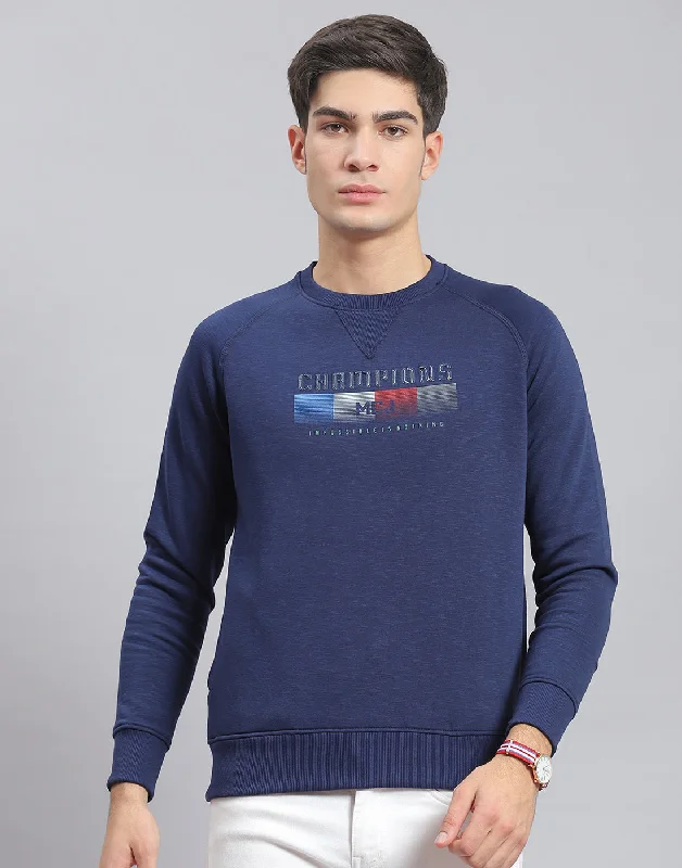 Men Navy Blue Printed Round Neck Full Sleeve Sweatshirt