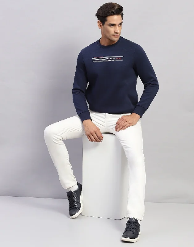 Men Navy Blue Printed Round Neck Full Sleeve Sweatshirt