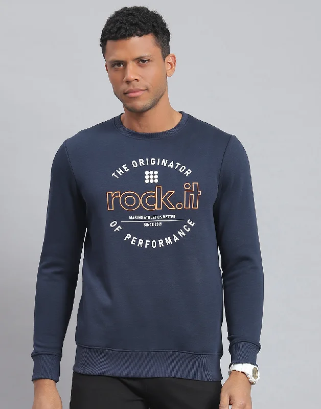 Men Navy Blue Solid Round Neck Full Sleeve Sweatshirt