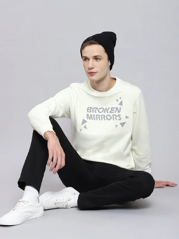 Men Off White Printed Round Neck Full Sleeve Sweatshirt