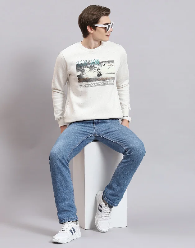 Men Off White Solid Round Neck Full Sleeve Sweatshirt