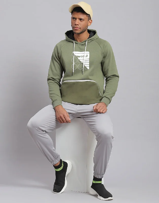 Men Olive Printed Hooded Full Sleeve Sweatshirt