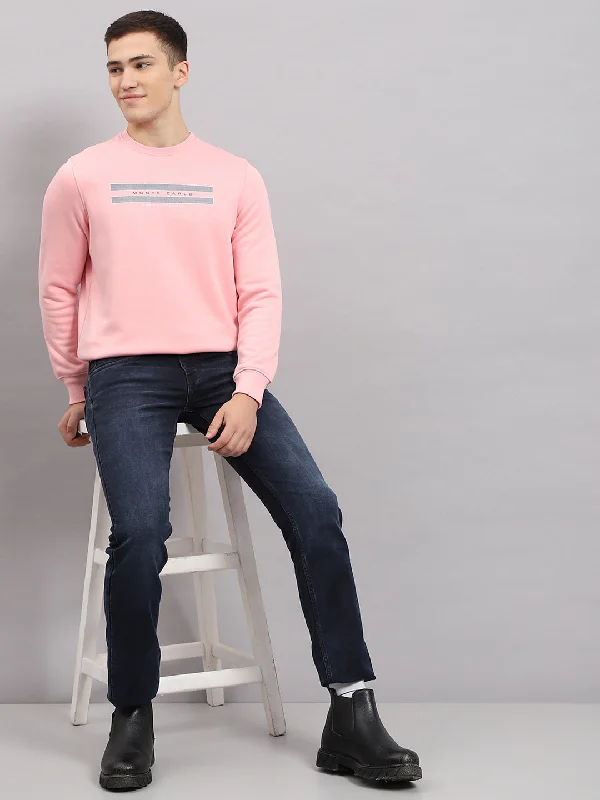 Men Pink Printed Round Neck Full Sleeve Sweatshirt