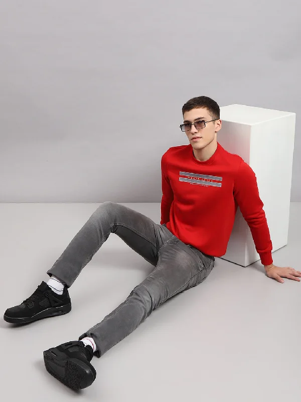 Men Red Printed Round Neck Full Sleeve Sweatshirt